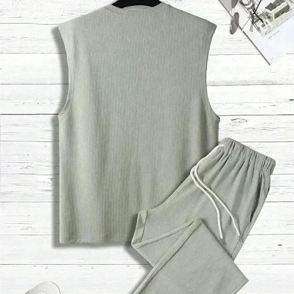 Light Grey Casual Mens Solid Tank Top & Drawstring Waist Pants - Picture 3 of 6